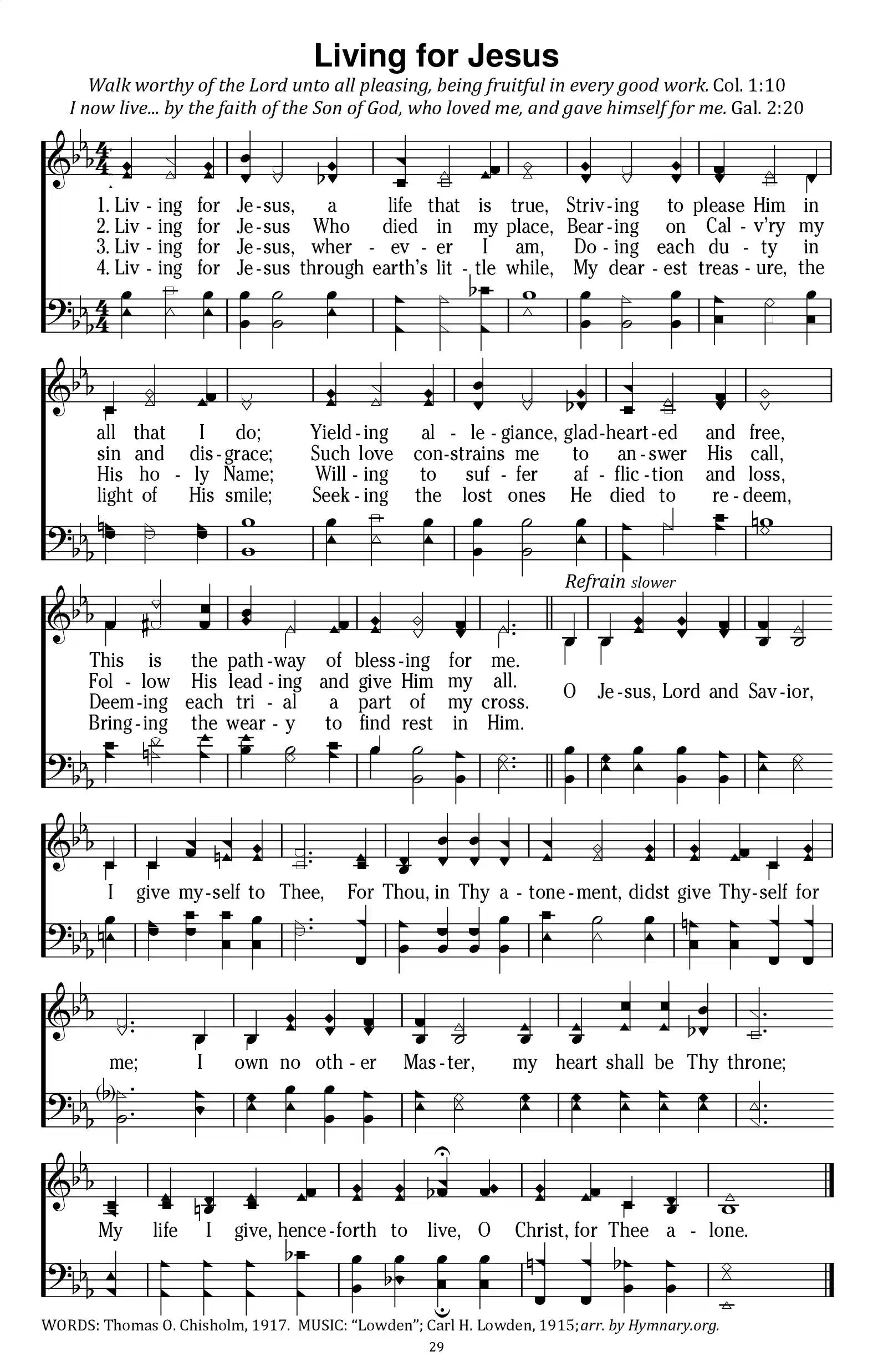 Hymn Sheet for Living for Jesus (a life that is true)