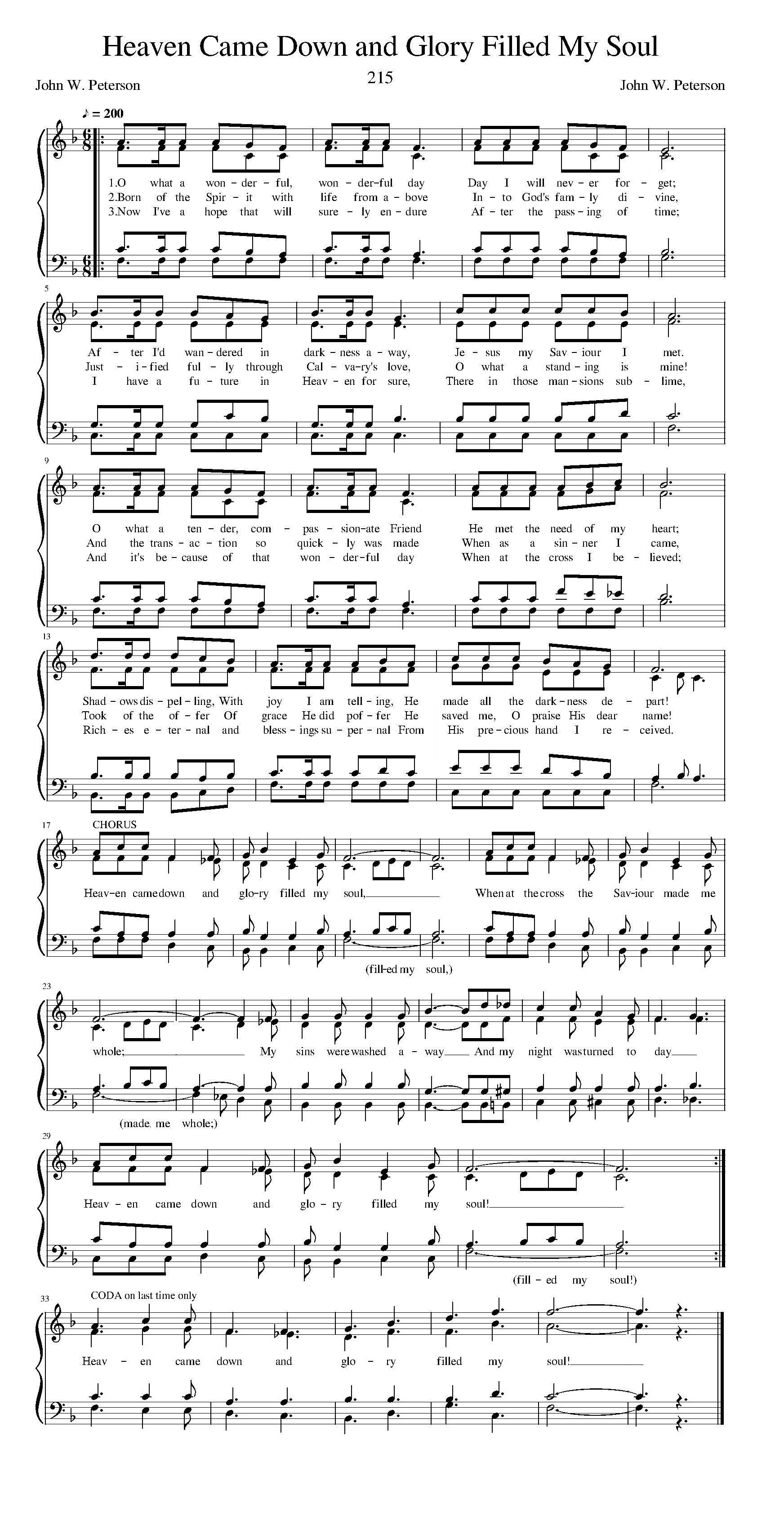 Hymn Sheet for Heaven Came Down and Glory Filled my Soul