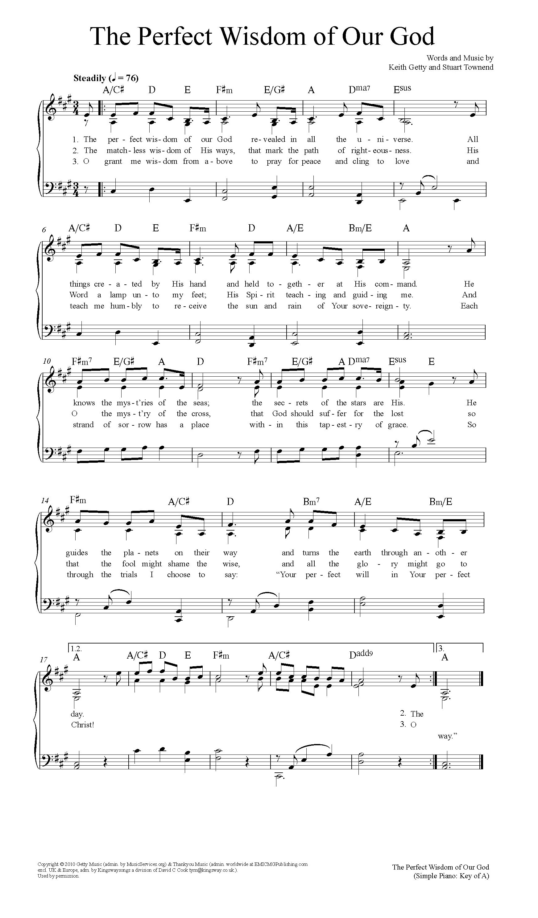 Hymn Sheet for The Perfect Wisdom of Our God