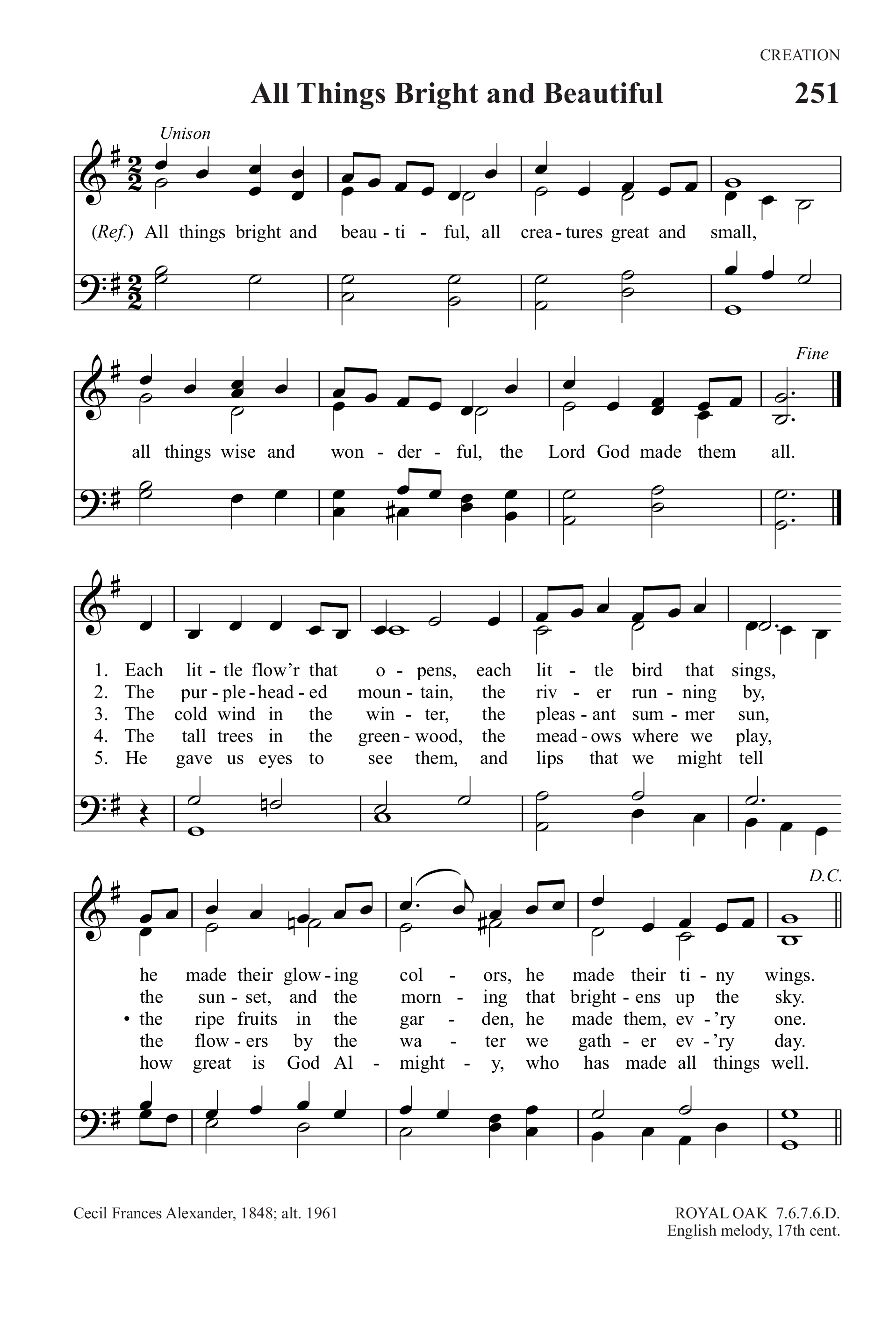 Hymn Sheet for All Things Bright And Beautiful