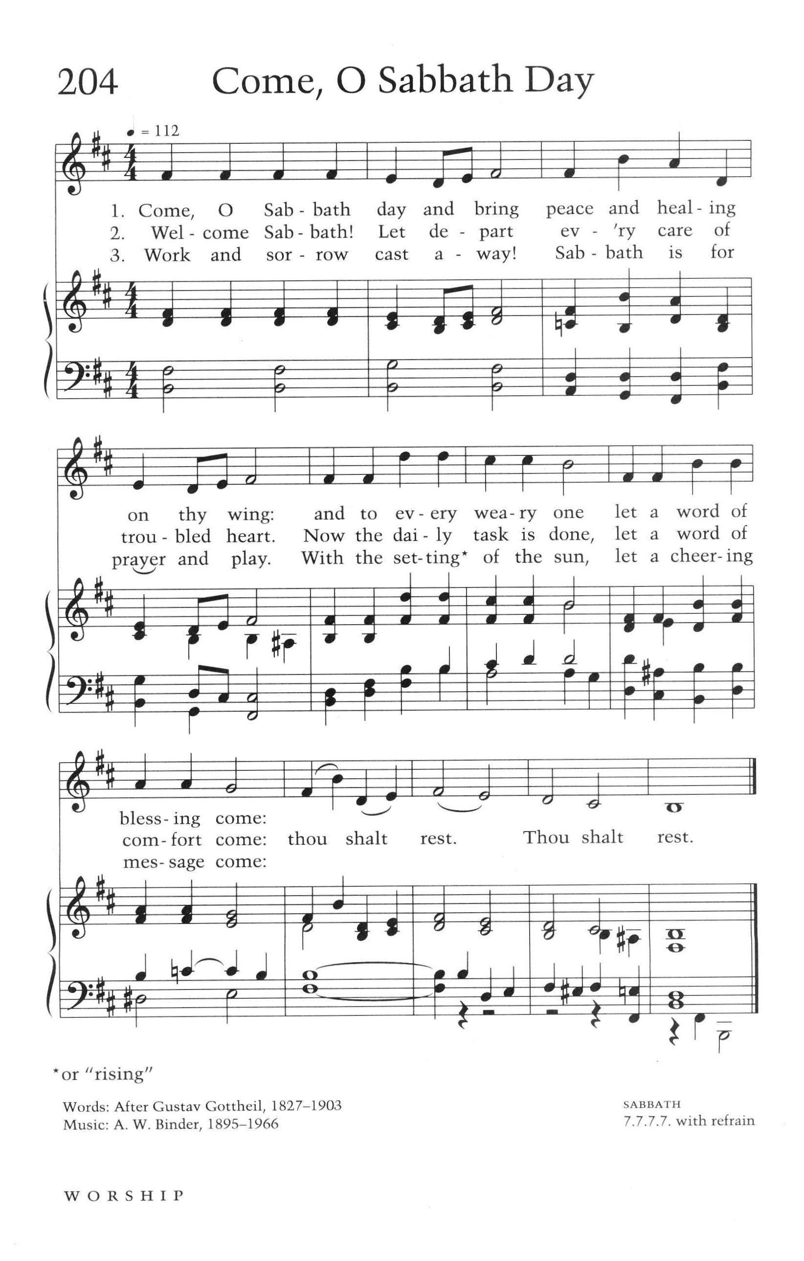 Hymn Sheet for Come, O Sabbath Day