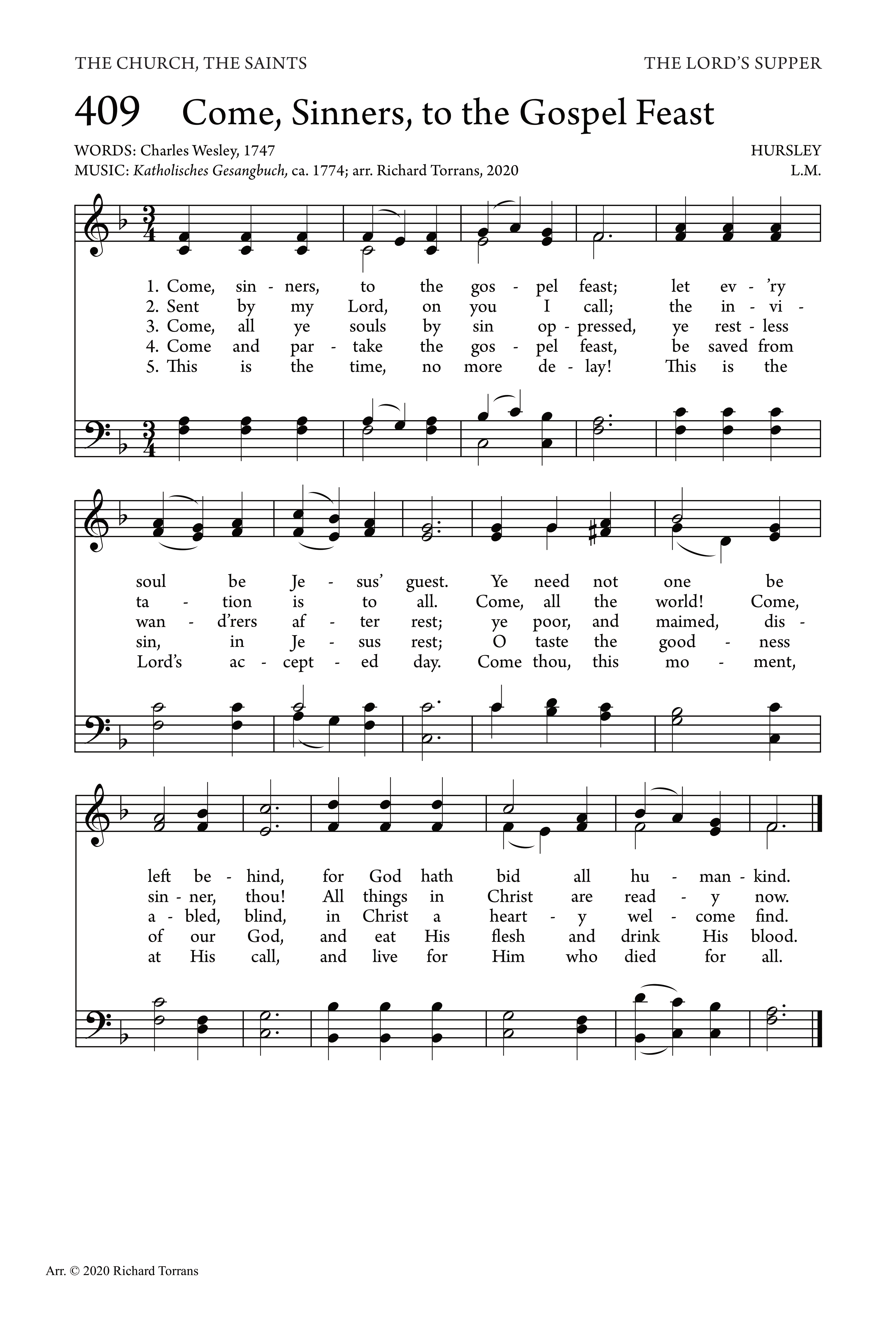 Hymn Sheet for Come, Sinners, to the Gospel Feast