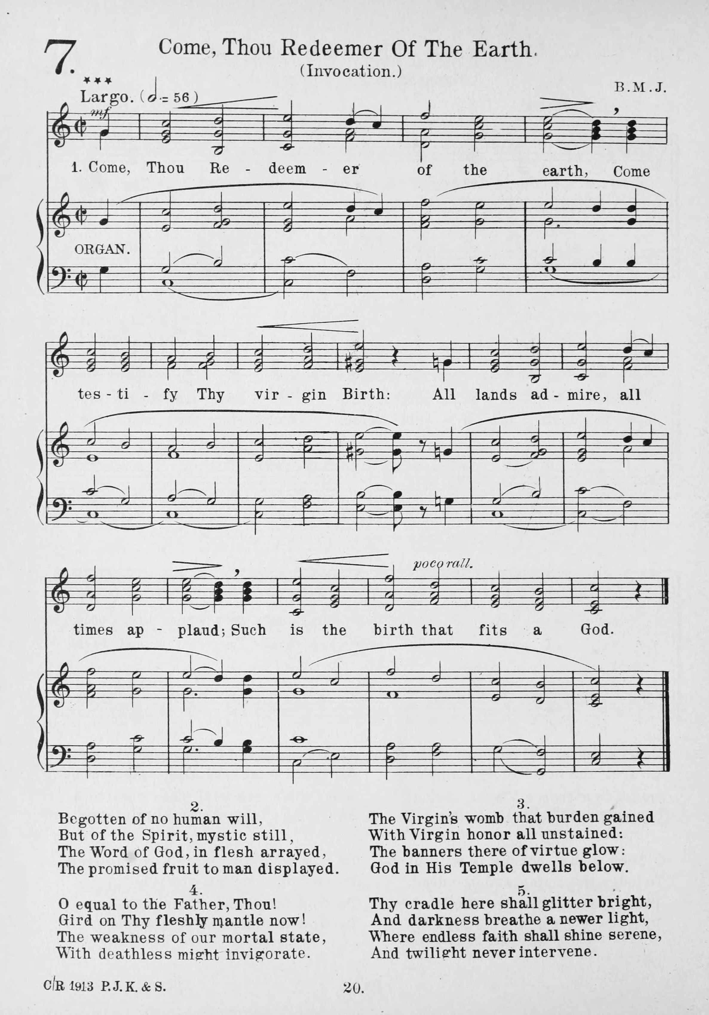 Hymn Sheet for Come, Thou Redeemer of the Earth