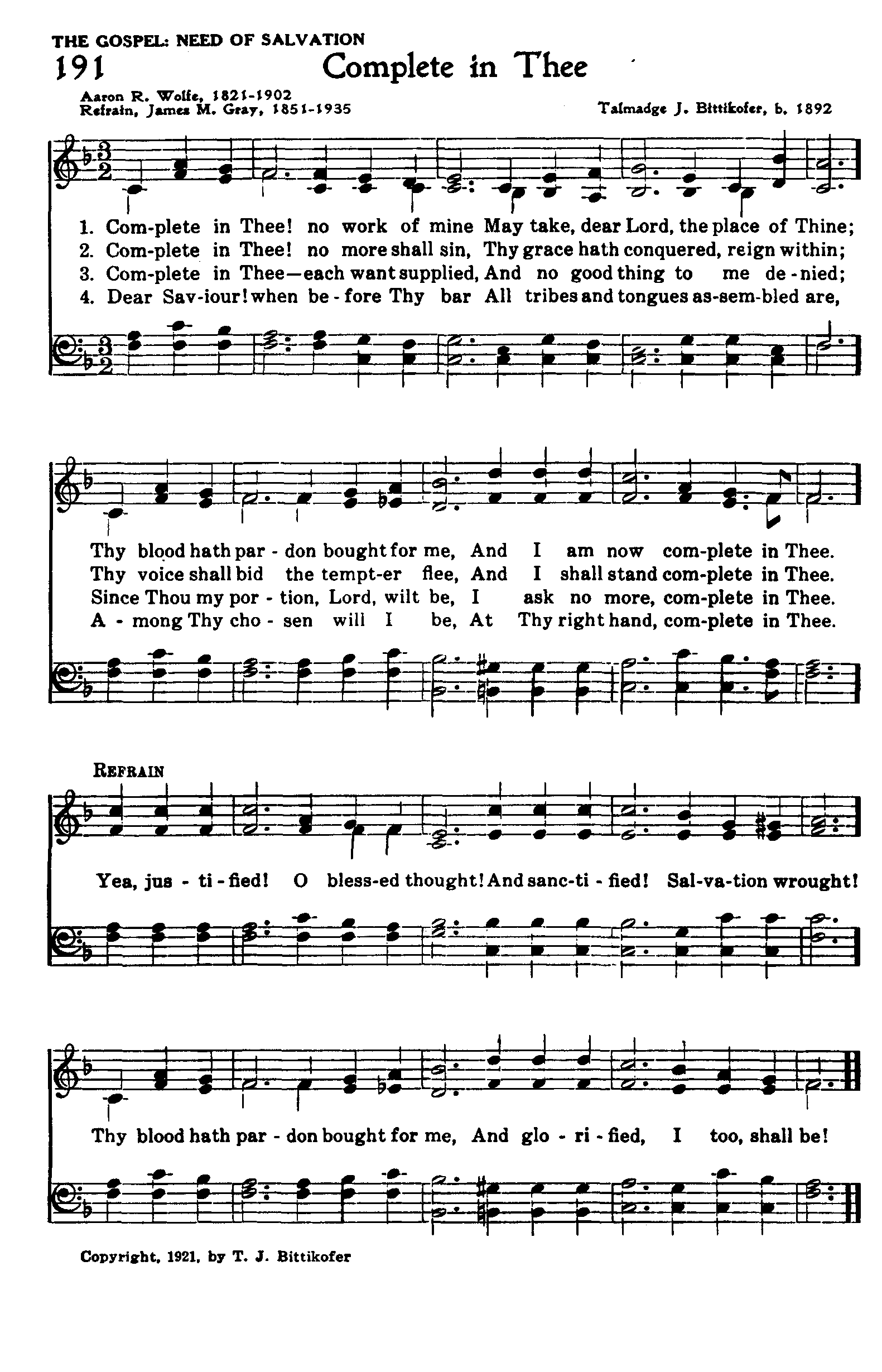 Hymn Sheet for Complete in Thee (No Work of Mine)