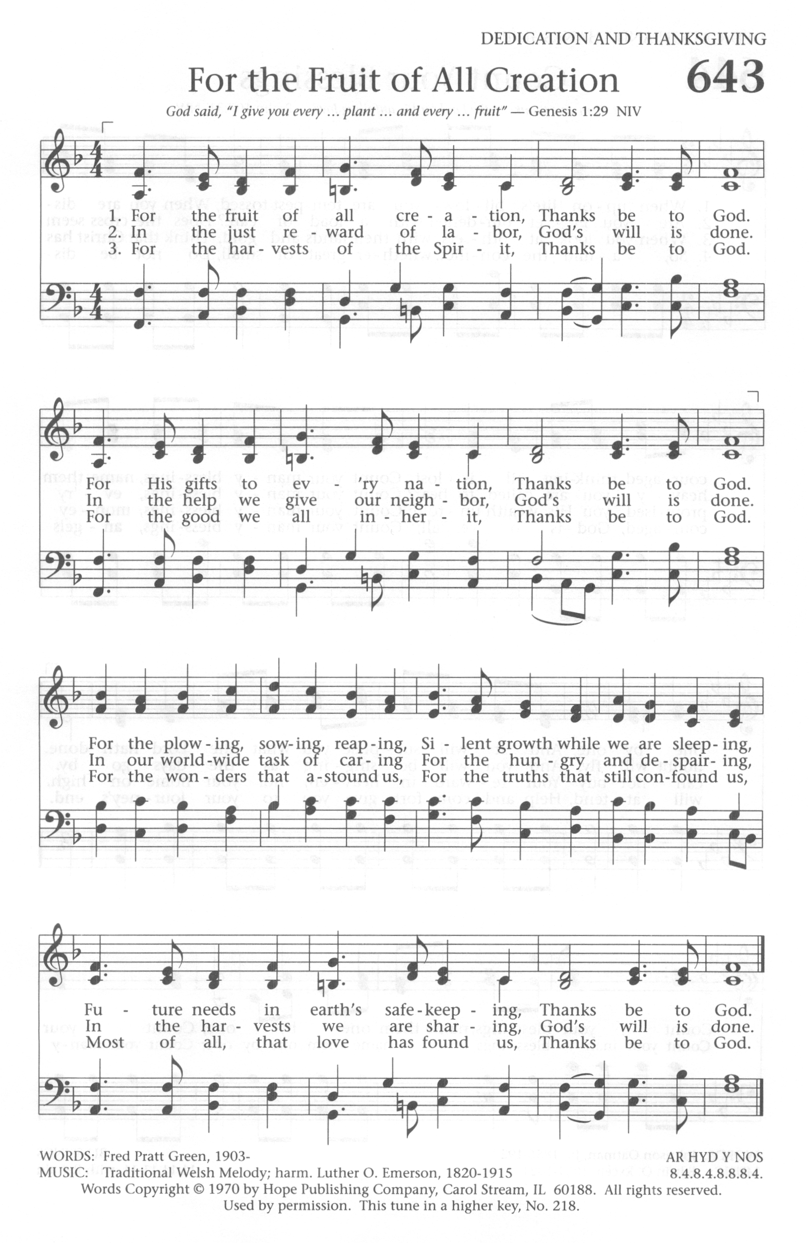 Hymn Sheet for For the Fruits of His Creation