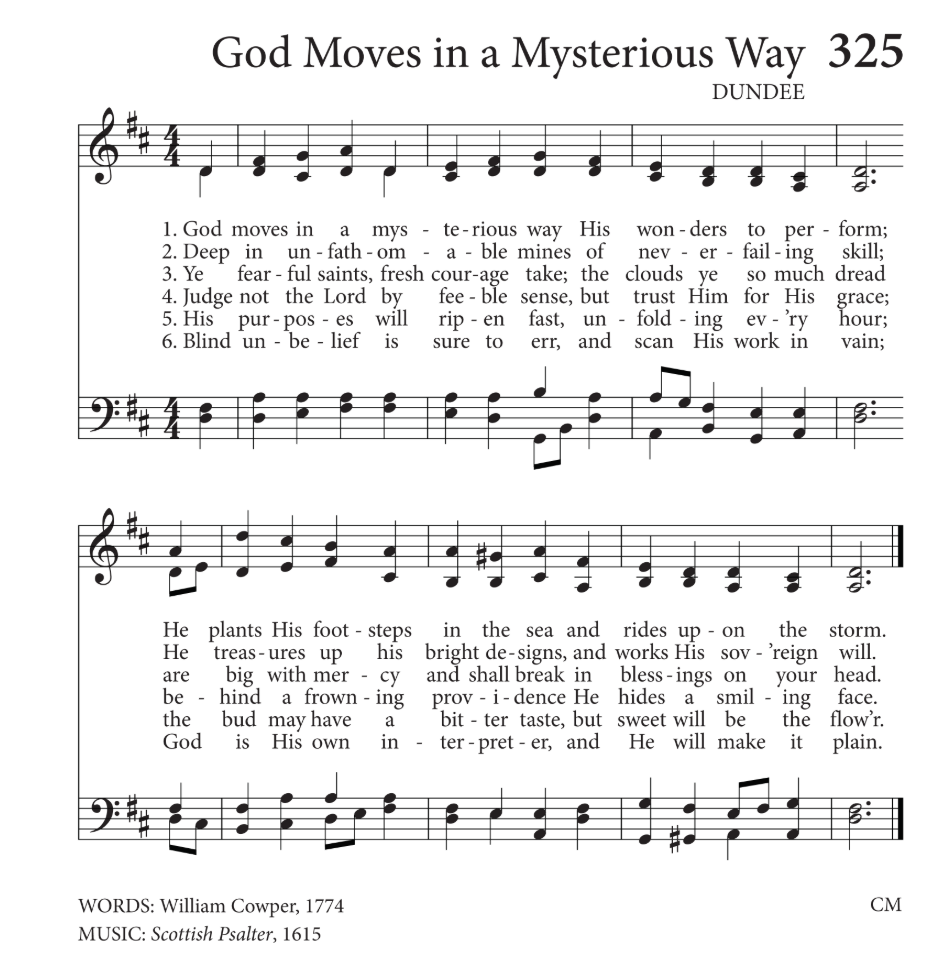 Hymn Sheet for God Moves in a Mysterious Way