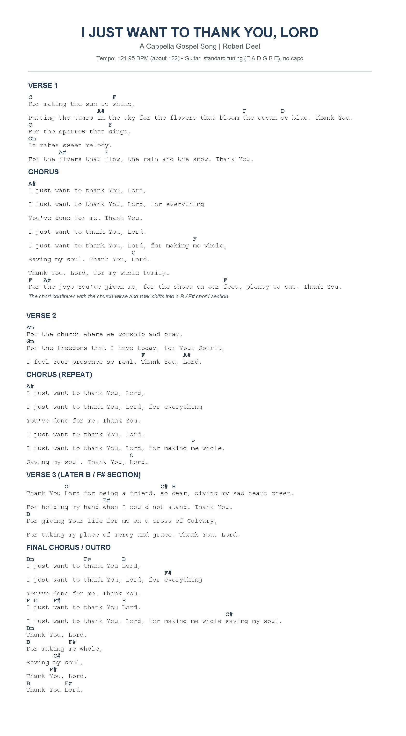 Hymn Sheet for I Just Want to Thank You Lord