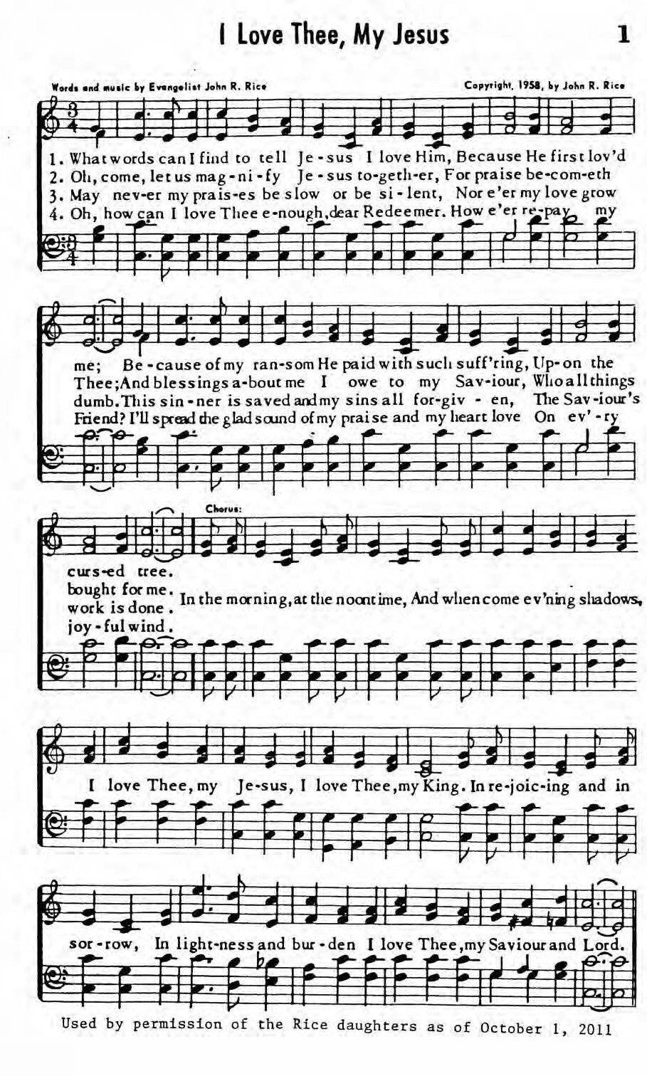 Hymn Sheet for I Love Thee, My Jesus