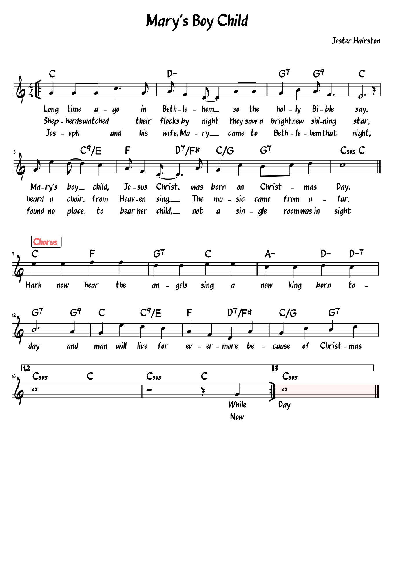 Hymn Sheet for Mary's Boy Child