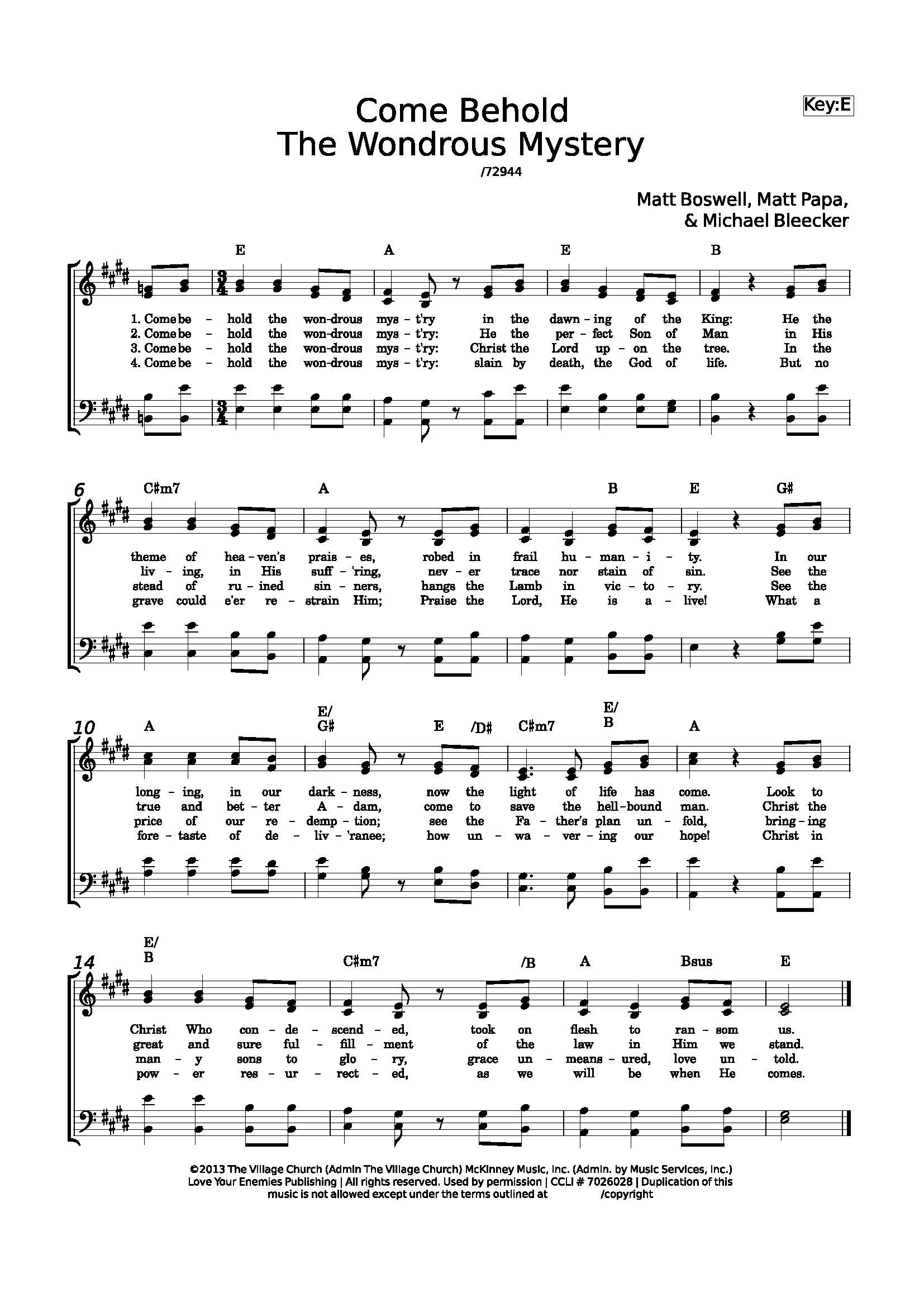 Hymn Sheet for Come, Behold the Wondrous Mystery