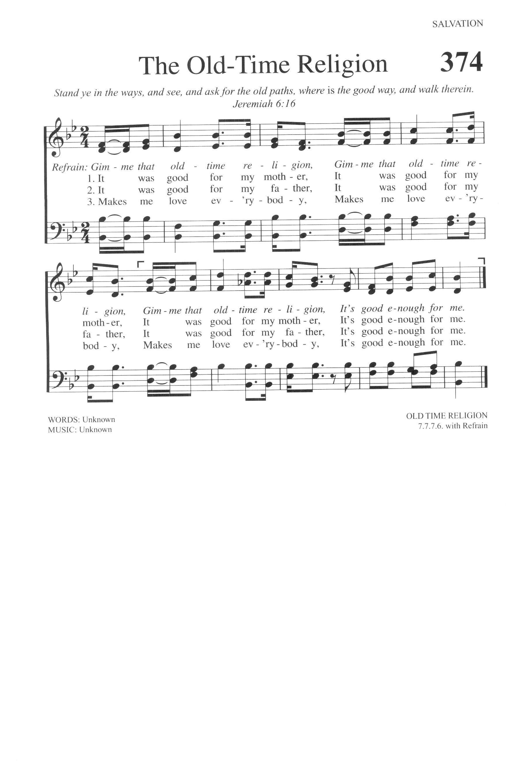 Hymn Sheet for Old Time Religion