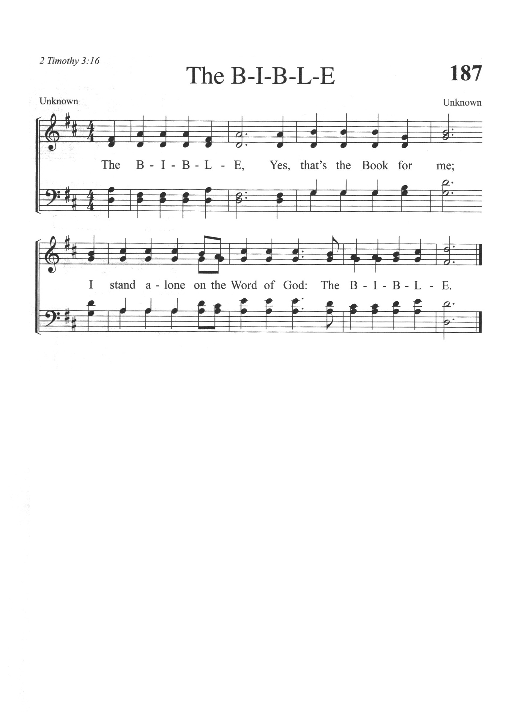 Hymn Sheet for The B-I-B-L-E, Yes, that's the book for me