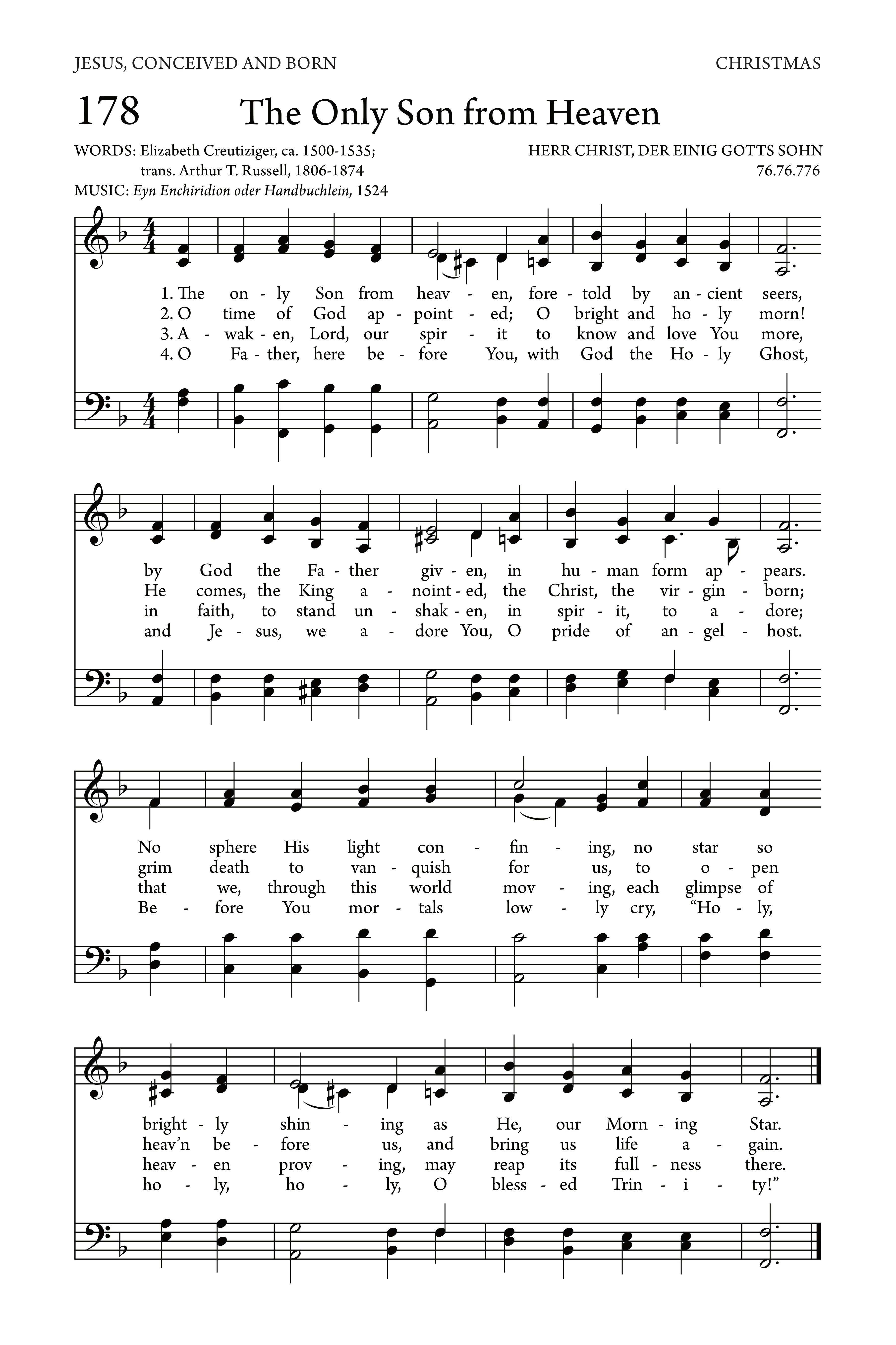 Hymn Sheet for The Only Son from Heaven