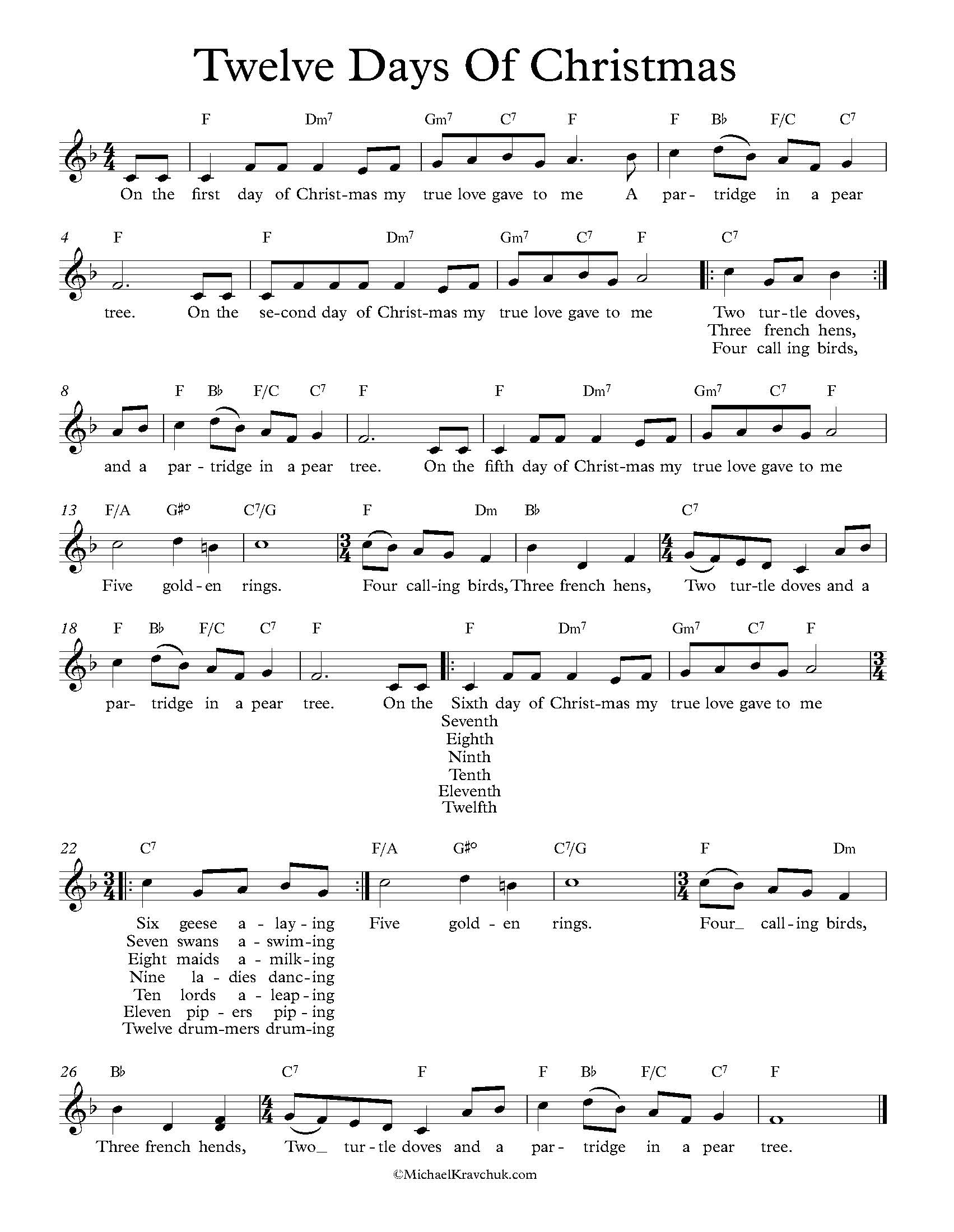 Hymn Sheet for The Twelve Days of Christmas (Full)