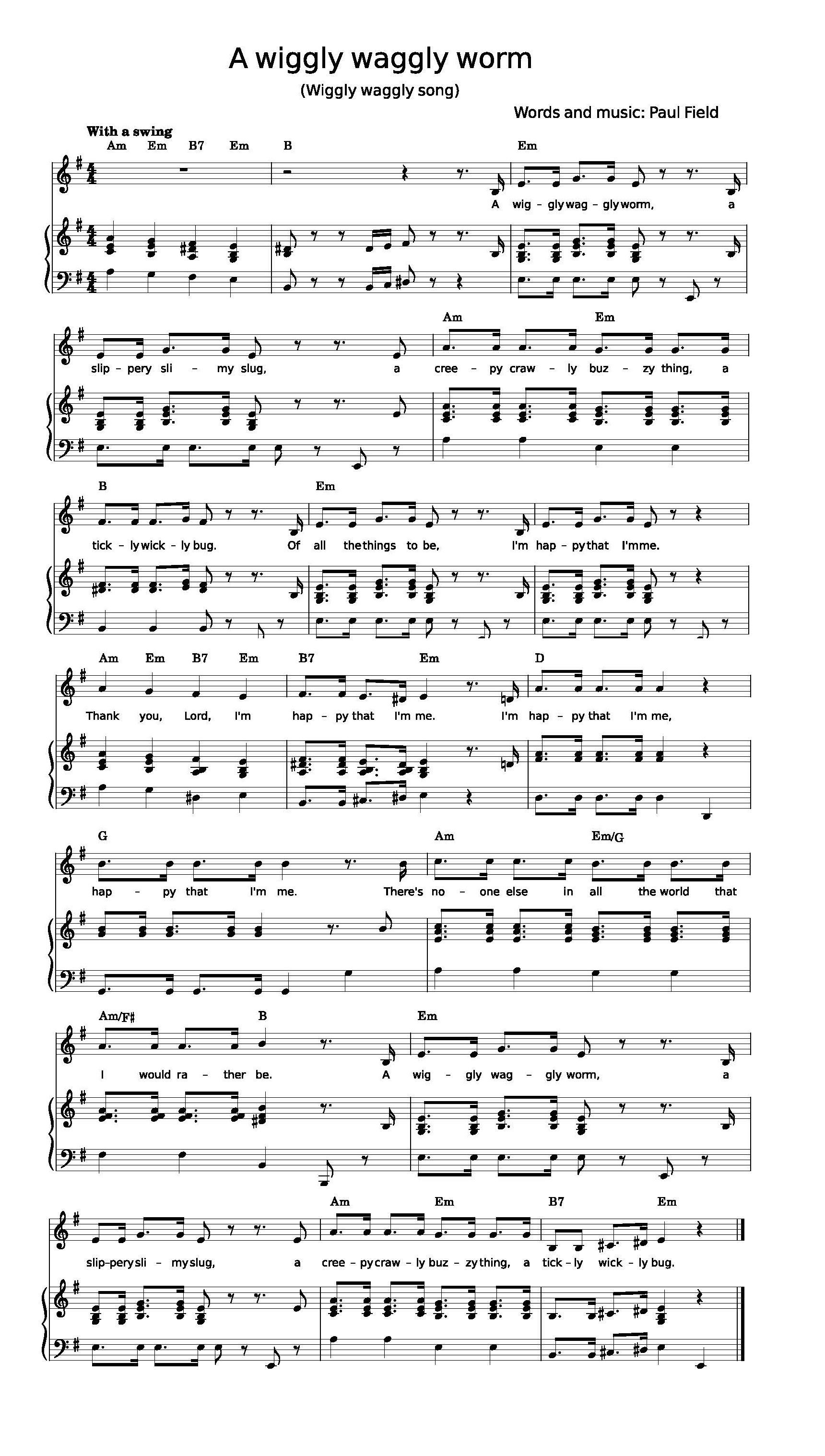 Hymn Sheet for A wiggly, waggly worm (A wiggly waggly song)
