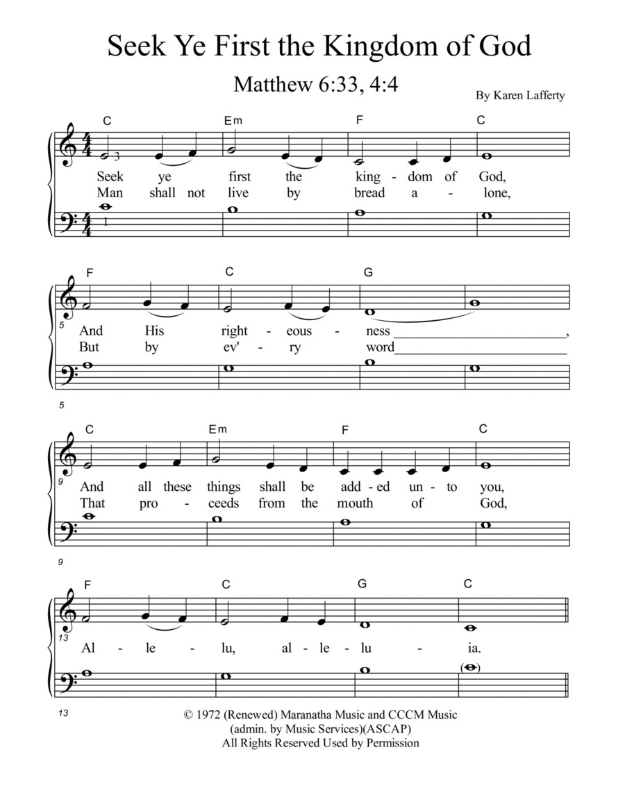 Hymn Sheet for Seek Ye First the Kingdom of God