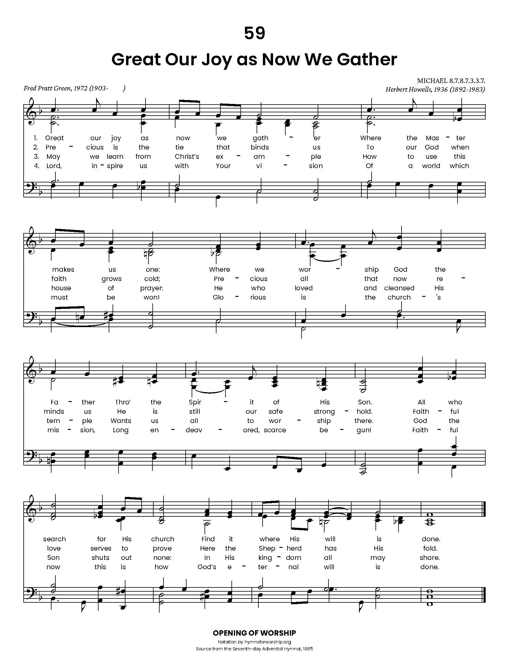 Hymn Sheet for Great Our Joy as Now We Gather