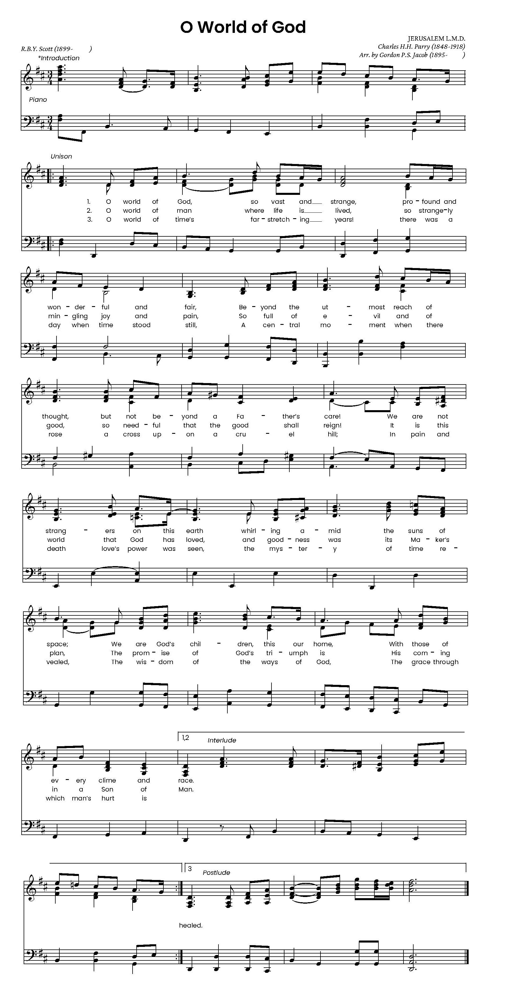 Hymn Sheet for O World of God